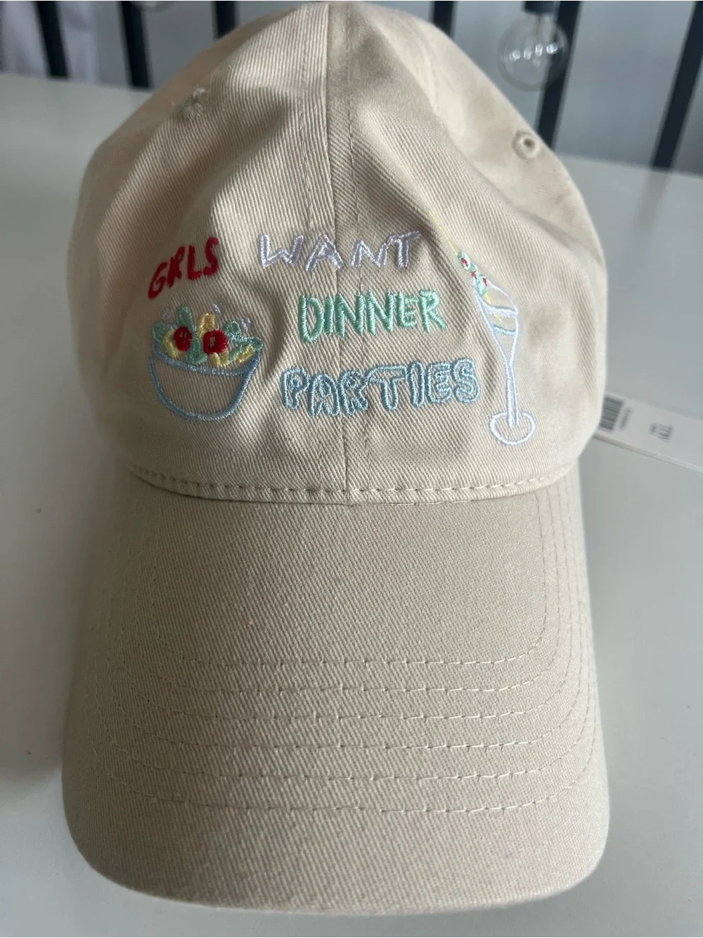 Anthropologie Cream Baseball Cap “Girls want Dinner Parties”